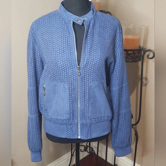 Kenneth Cole Faux Suede Blue Bomber Jacket - Picture 1 of 9